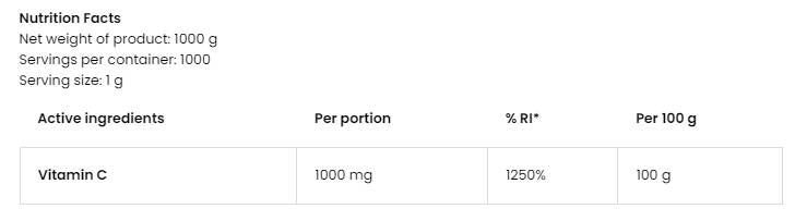 100% Vitamin C Powder - 1000 грама