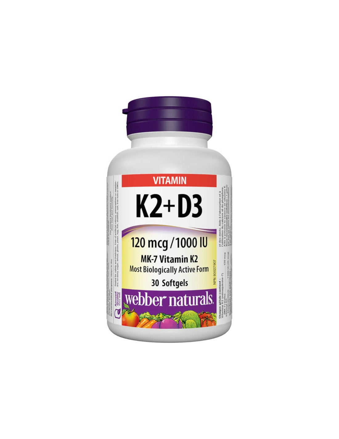 Vitamin K2 + D3 / Витамин К2 120 µg + D3 1000 IU, 30 софтгел капсули Webber Naturals